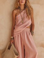 Pink One-shoulder Sleeveless Top And Pants Casual Set