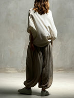 White Batwing Wide-sleeved Top And Light Khaki Harem Pants Suit