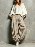 White Batwing Wide-sleeved Top And Light Khaki Harem Pants Suit