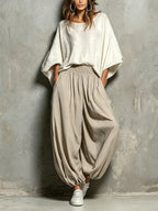 White Batwing Wide-sleeved Top And Light Khaki Harem Pants Suit