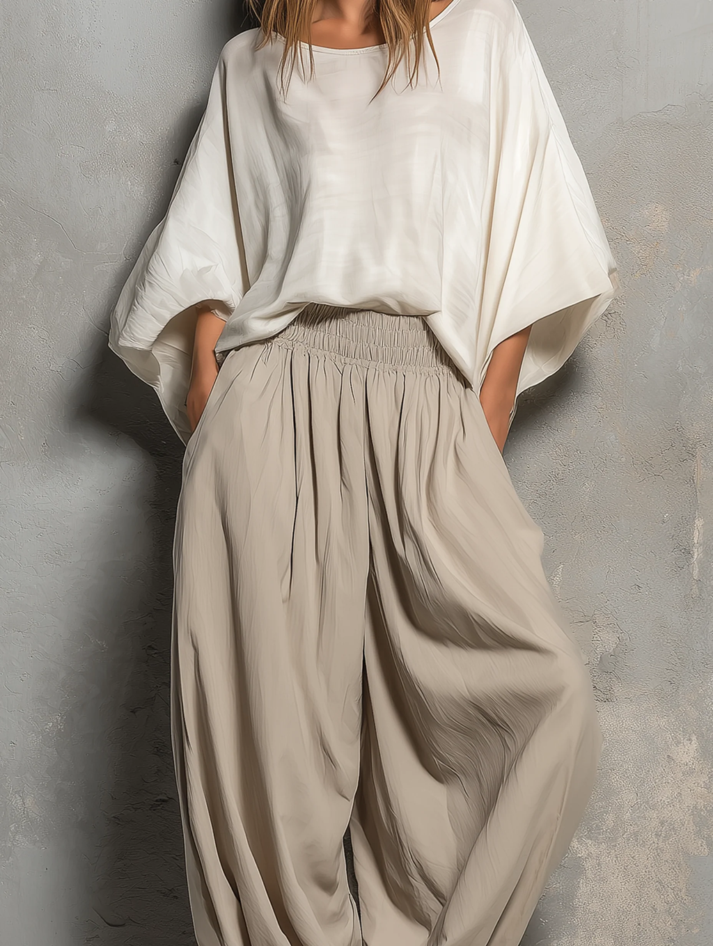 White Batwing Wide-sleeved Top And Light Khaki Harem Pants Suit