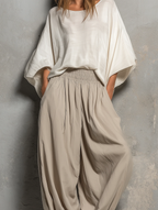 White Batwing Wide-sleeved Top And Light Khaki Harem Pants Suit