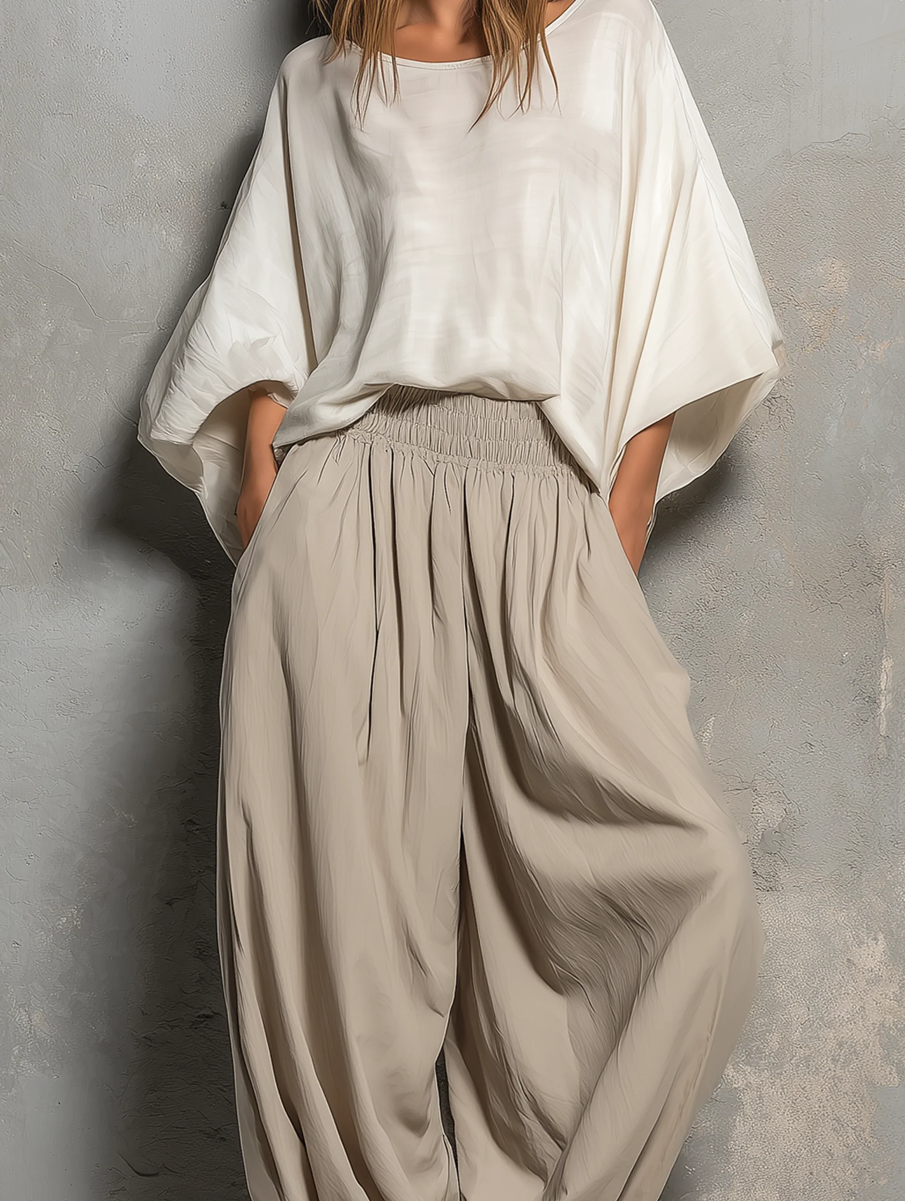White Batwing Wide-sleeved Top And Light Khaki Harem Pants Suit