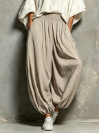 White Batwing Wide-sleeved Top And Light Khaki Harem Pants Suit