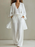 Solid Color Loose Cardigan And Drawstring Wide-leg Trousers Three-piece Set