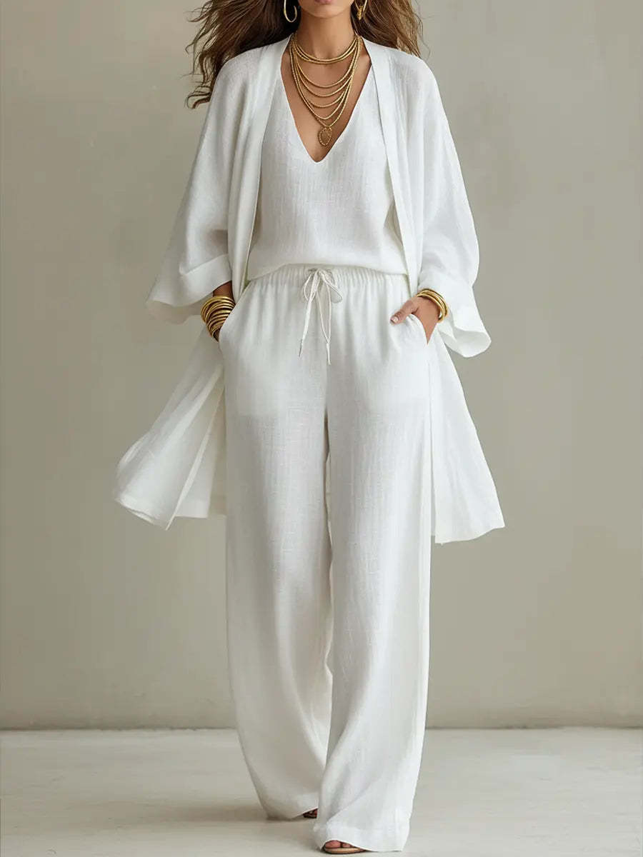 Solid Color Loose Cardigan And Drawstring Wide-leg Trousers Three-piece Set