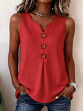 Solid Color Button V-neck Sleeveless Top