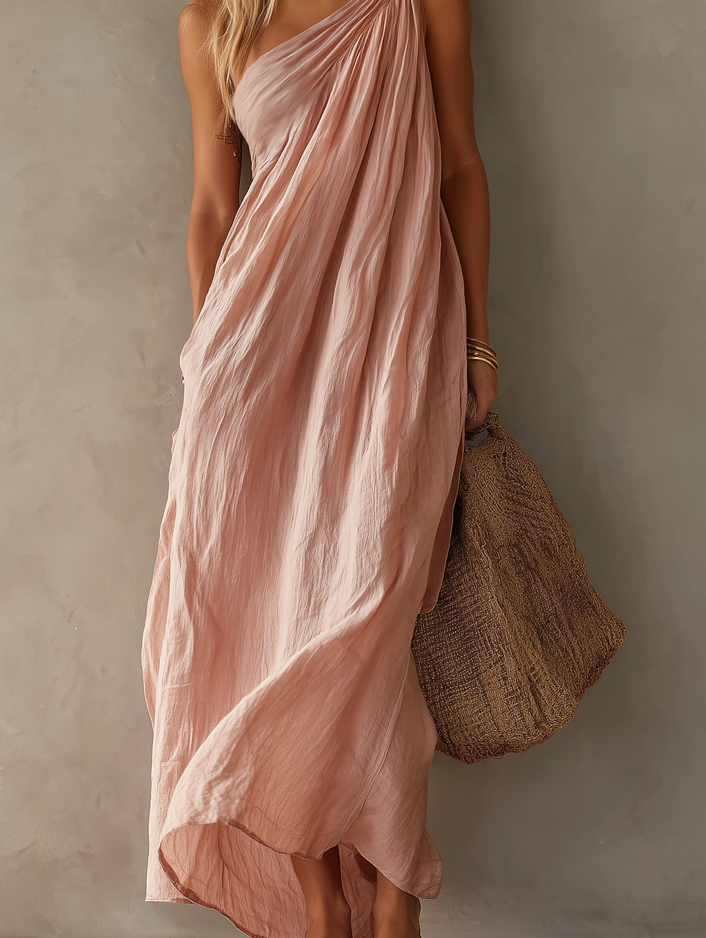 Elegant Pink One-shoulder Sleeveless Maxi Dress