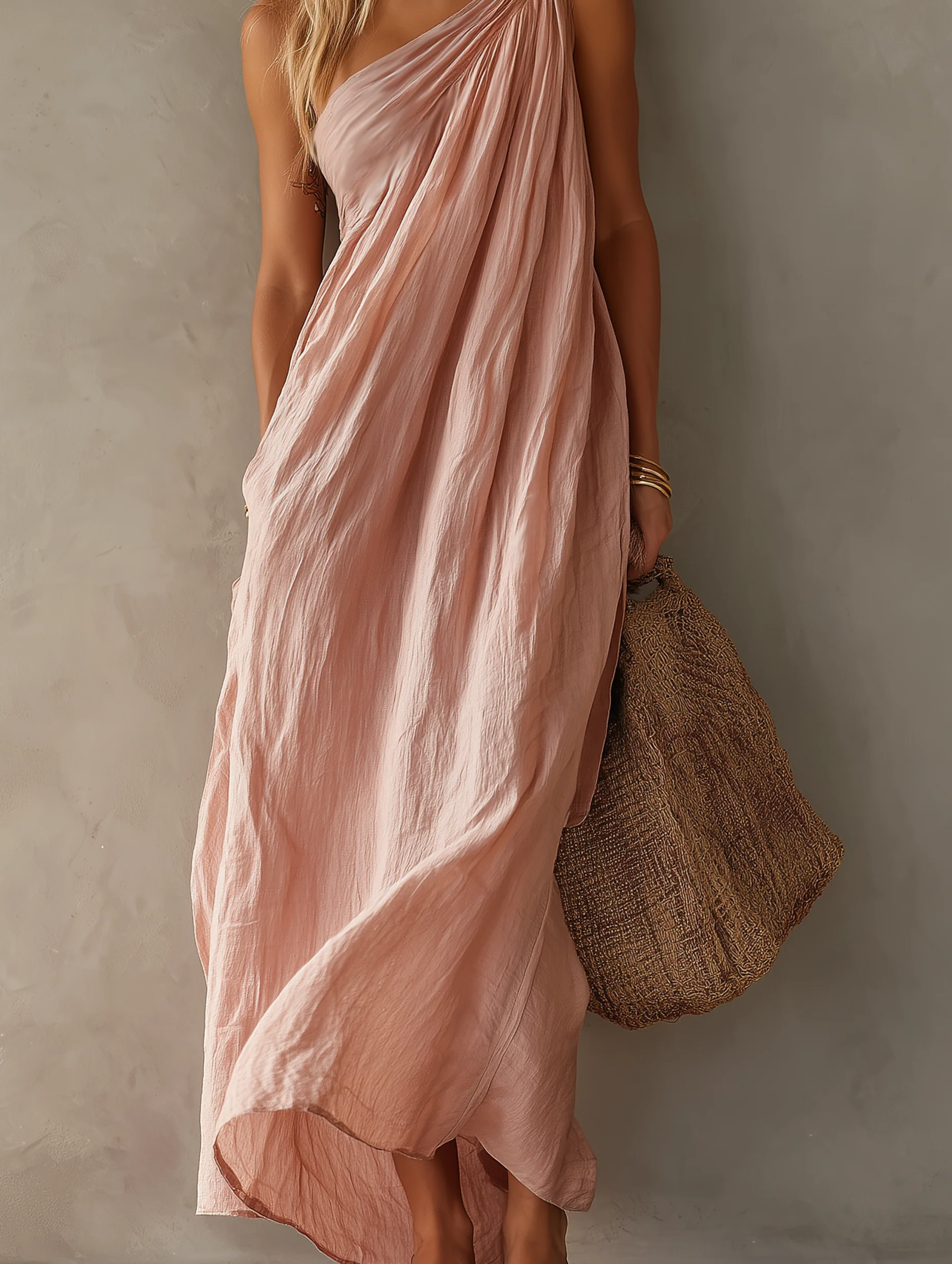 Elegant Pink One-shoulder Sleeveless Maxi Dress