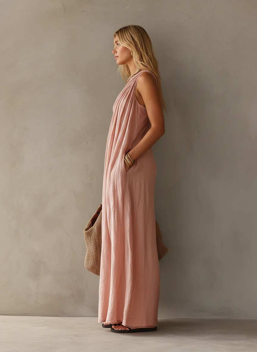 Elegant Pink One-shoulder Sleeveless Maxi Dress