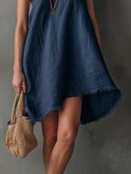 Navy Blue One-shoulder Sleeveless Frayed Mini Dress
