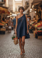 Navy Blue One-shoulder Sleeveless Frayed Mini Dress