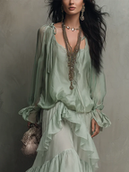 Mint Green Chiffon Ruffled Top Paired With A Layered Skirt Set