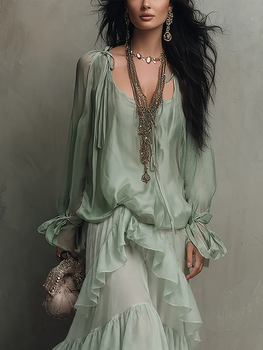 Mint Green Chiffon Ruffled Top Paired With A Layered Skirt Set