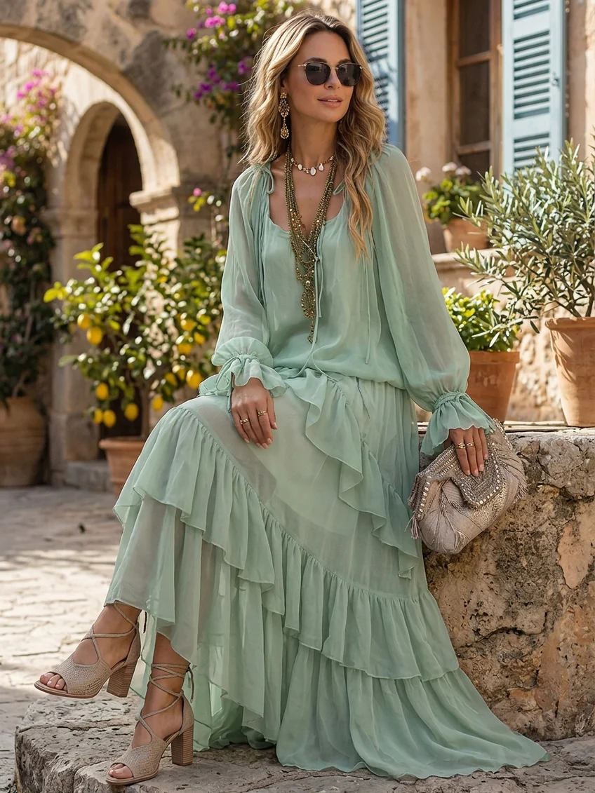Mint Green Chiffon Ruffled Top Paired With A Layered Skirt Set