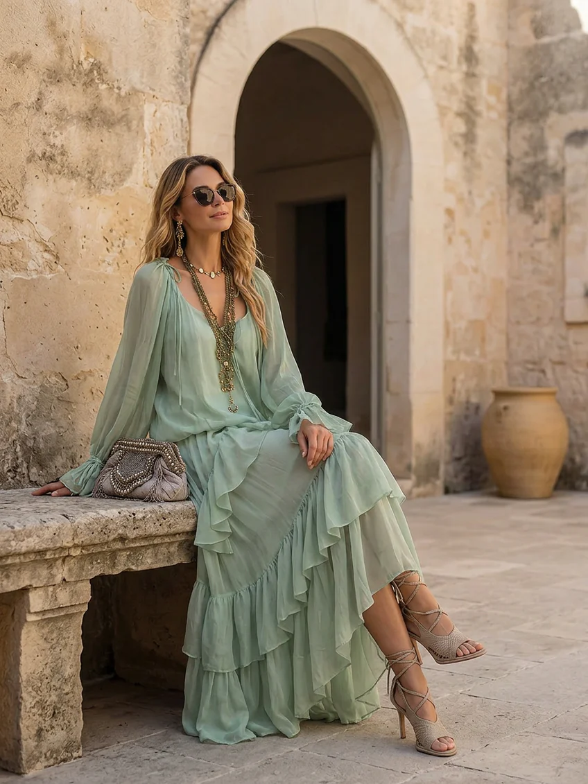 Mint Green Chiffon Ruffled Top Paired With A Layered Skirt Set