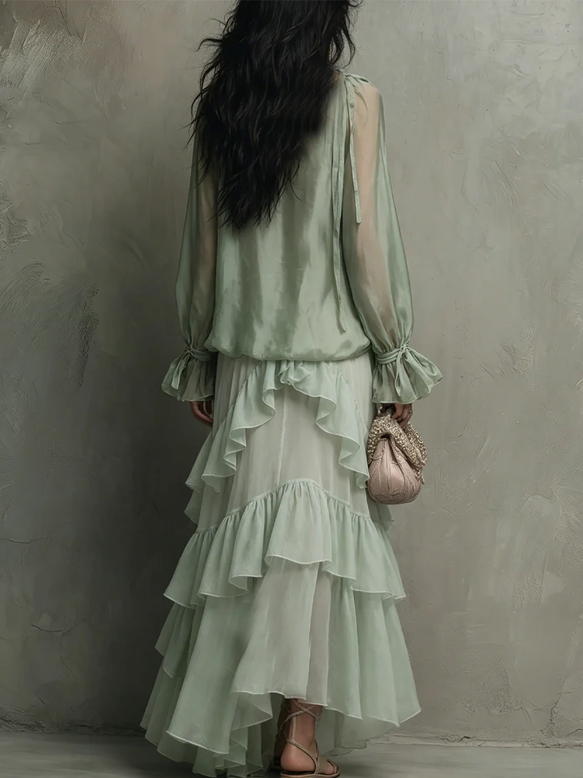 Mint Green Chiffon Ruffled Top Paired With A Layered Skirt Set