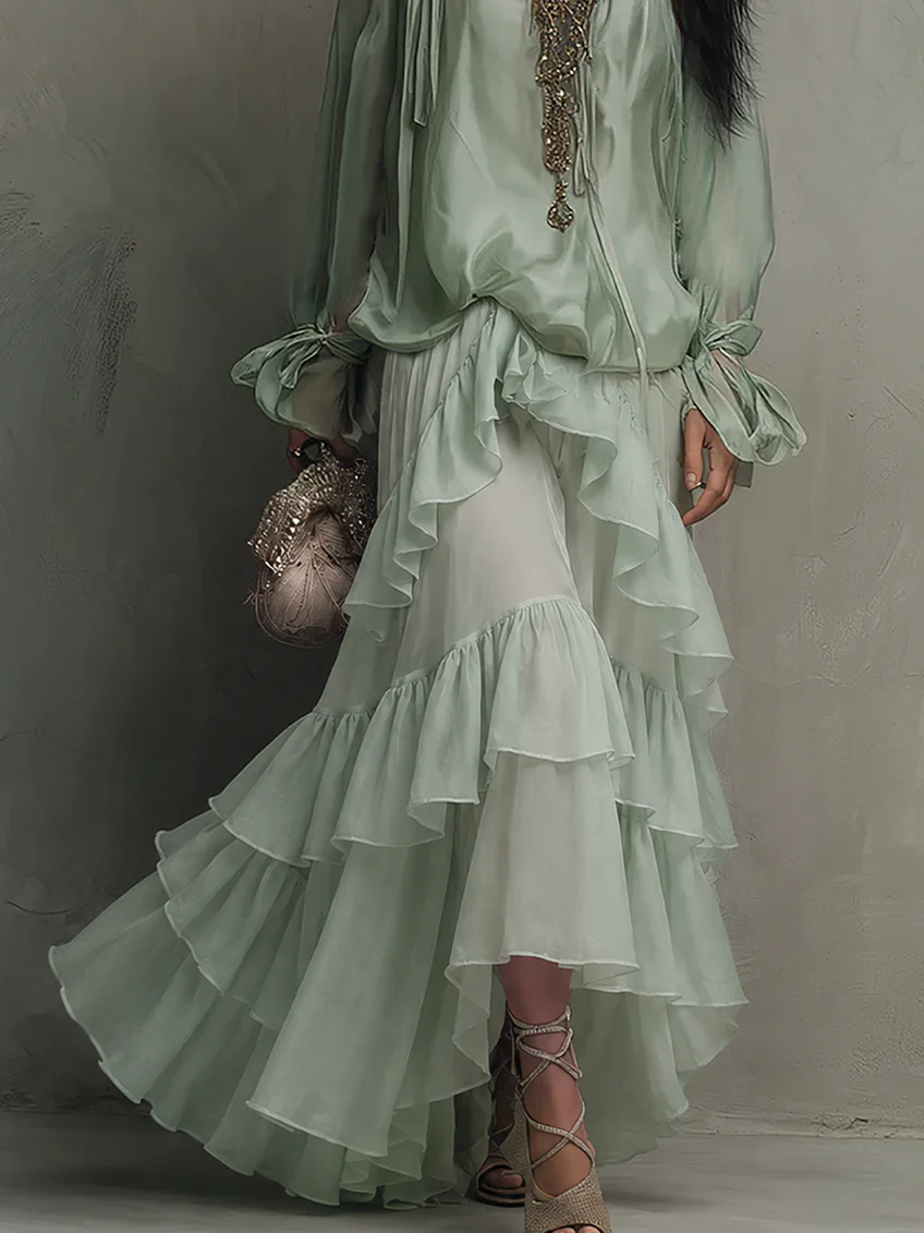 Mint Green Chiffon Ruffled Top Paired With A Layered Skirt Set