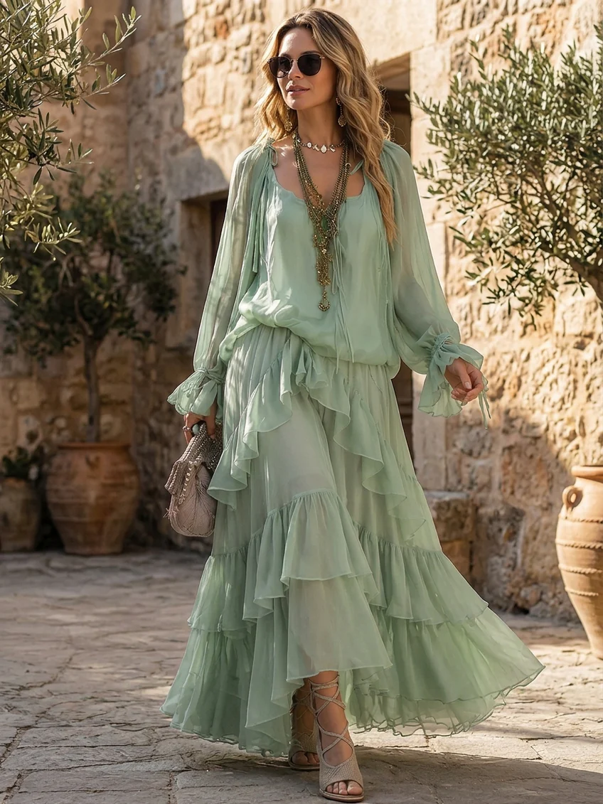 Mint Green Chiffon Ruffled Top Paired With A Layered Skirt Set