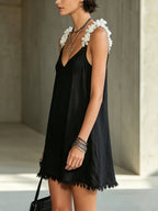 Black V-neck Floral Strap Mini Dress