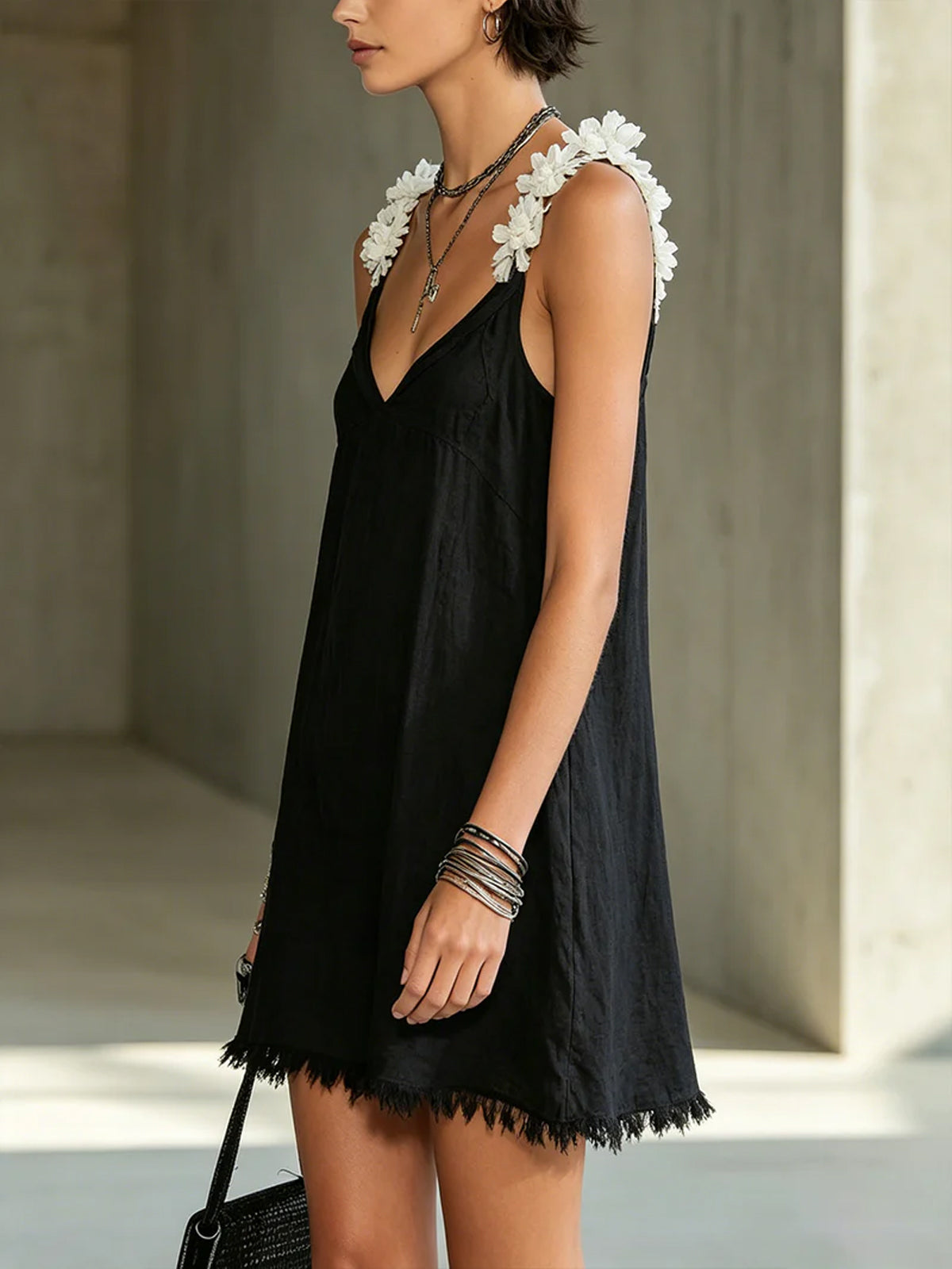 Black V-neck Floral Strap Mini Dress
