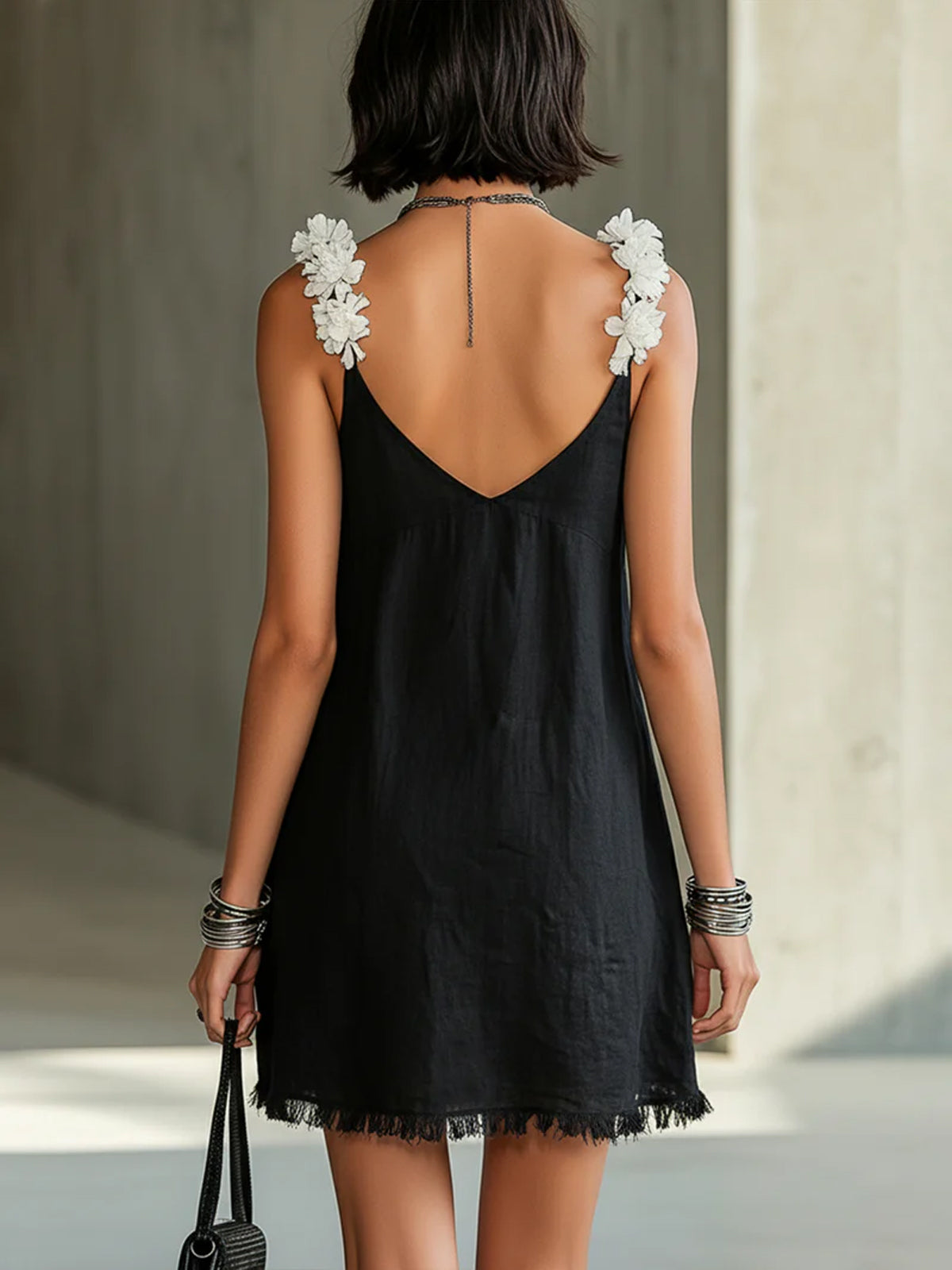 Black V-neck Floral Strap Mini Dress