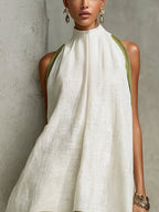 White And Olive Green Floral Sleeveless A-line Mini Dress