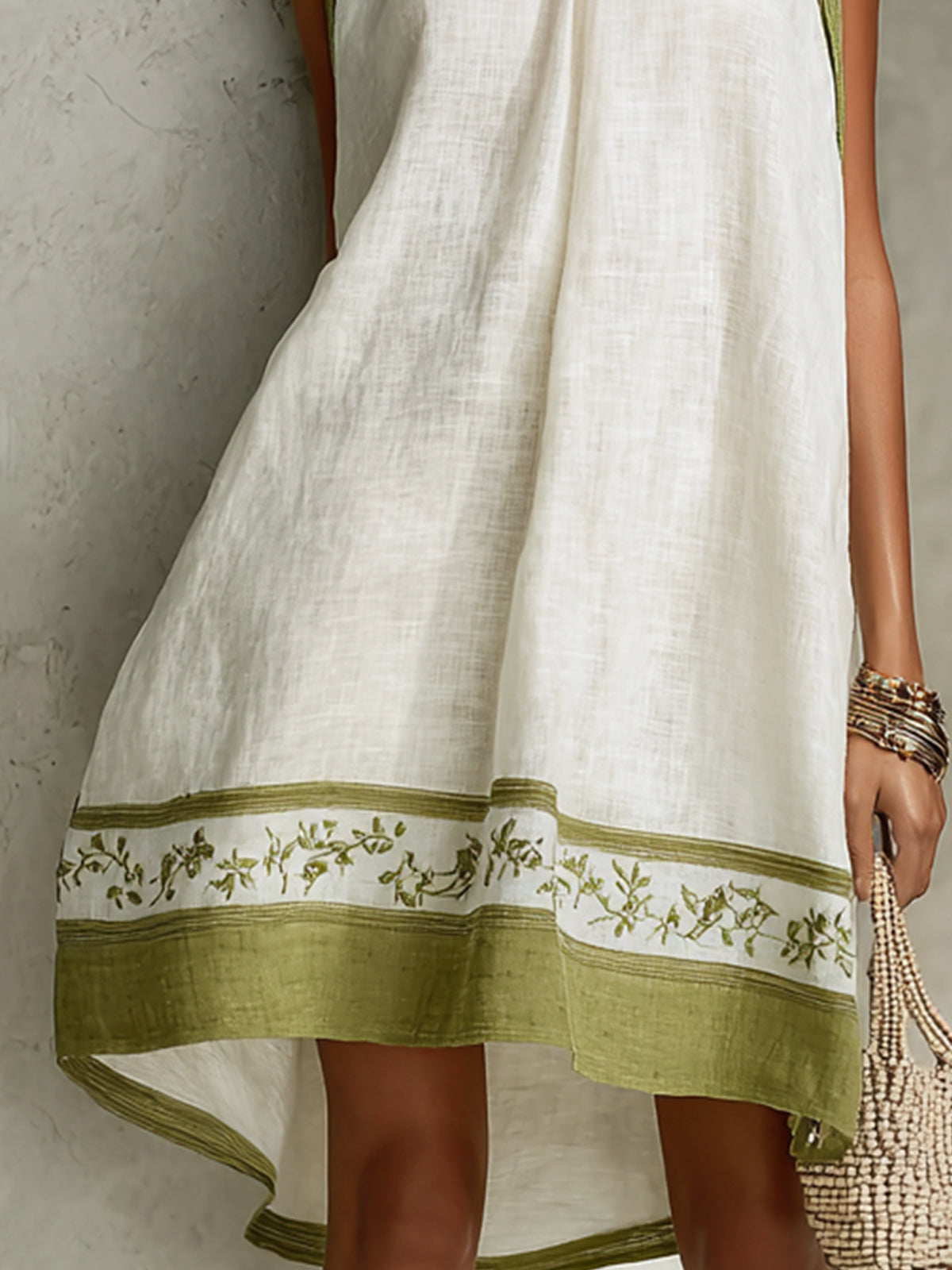 White And Olive Green Floral Sleeveless A-line Mini Dress