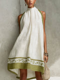 White And Olive Green Floral Sleeveless A-line Mini Dress