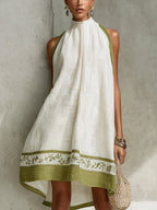 White And Olive Green Floral Sleeveless A-line Mini Dress