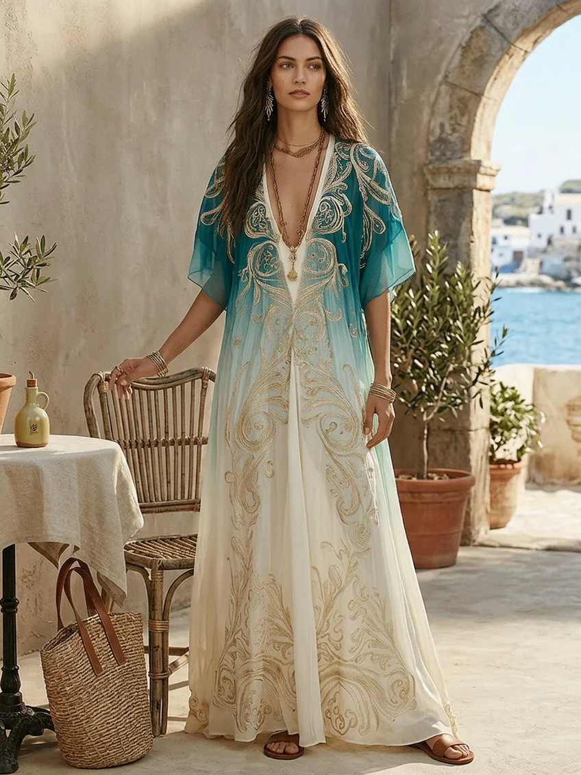Gradient Gold Printed Kaftan Flowing Maxi Dress