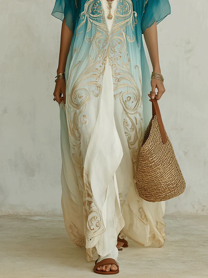 Gradient Gold Printed Kaftan Flowing Maxi Dress