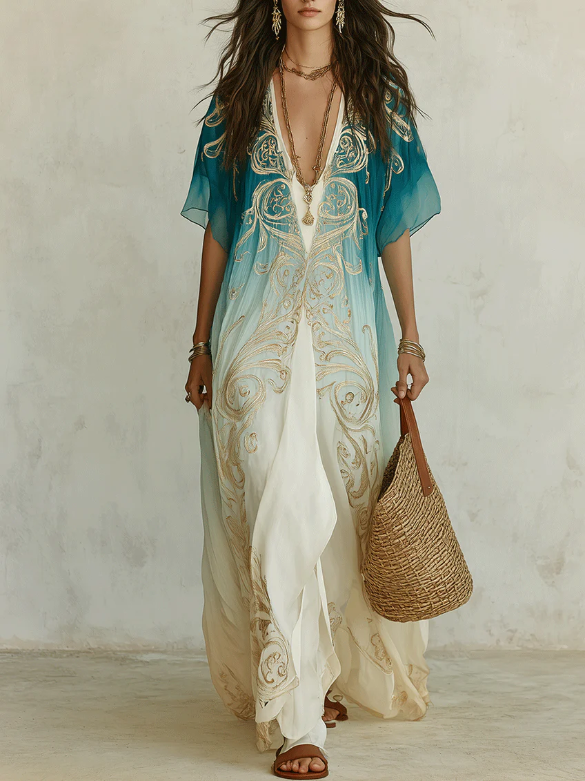 Gradient Gold Printed Kaftan Flowing Maxi Dress