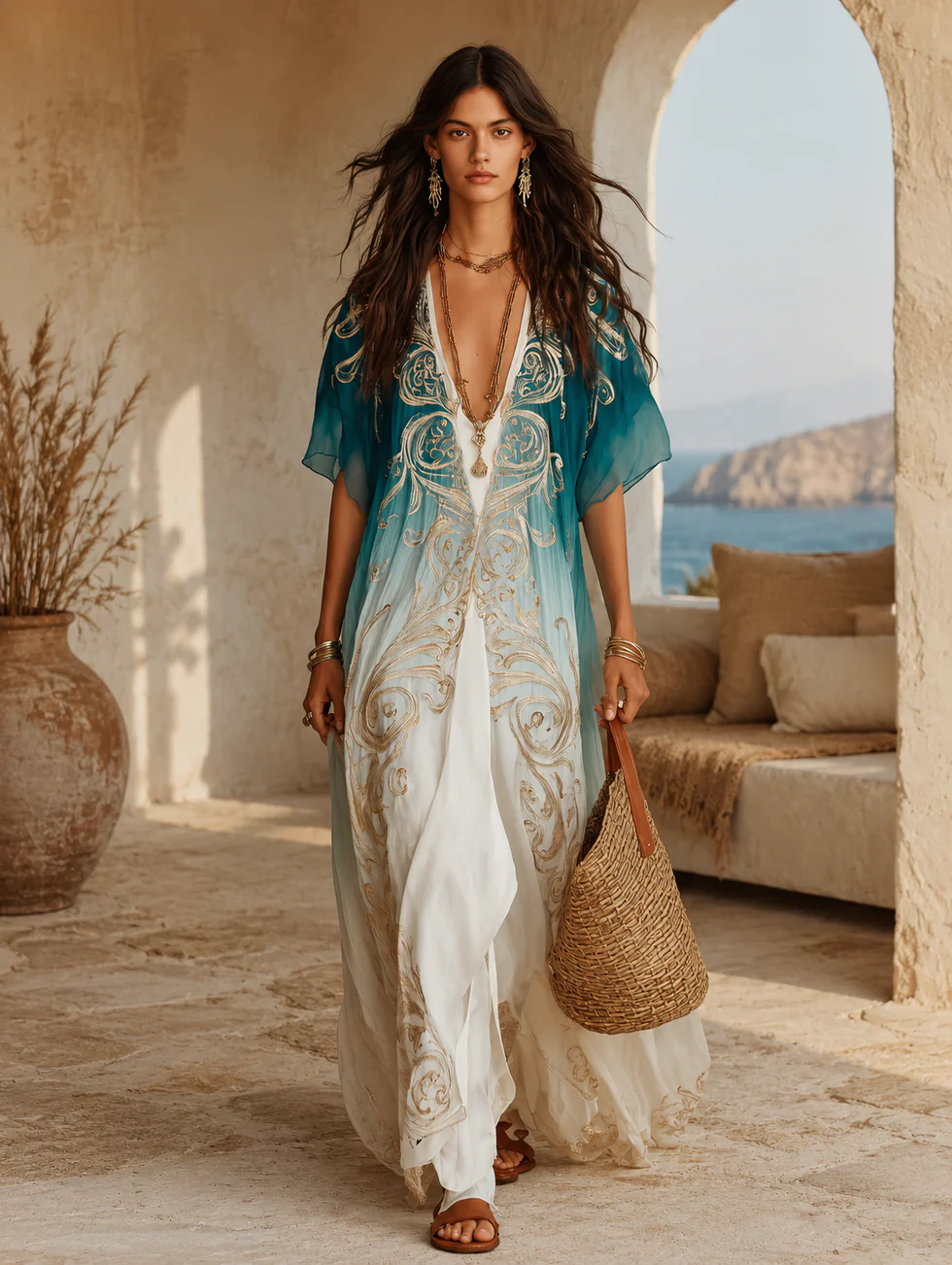 Gradient Gold Printed Kaftan Flowing Maxi Dress