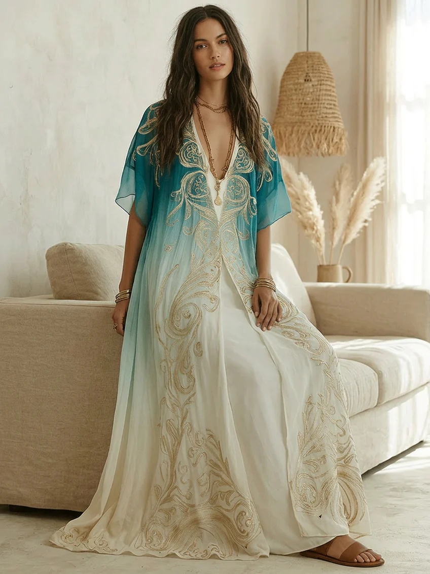 Gradient Gold Printed Kaftan Flowing Maxi Dress