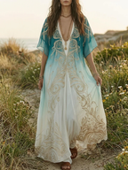 Gradient Gold Printed Kaftan Flowing Maxi Dress