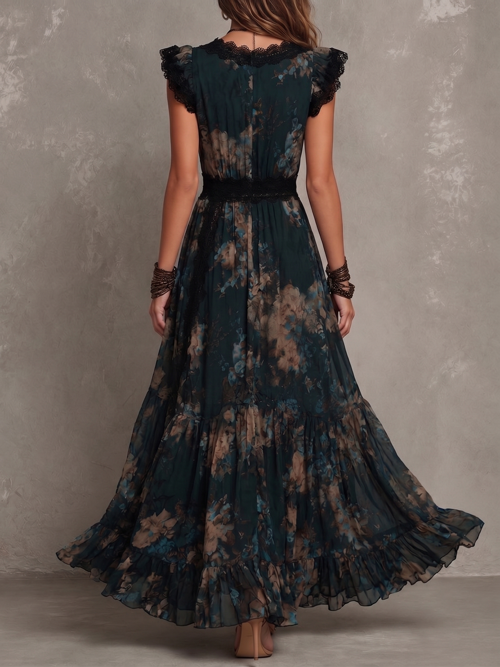 Vintage Dark Green Floral Lace-trimmed Chiffon maxi Dress
