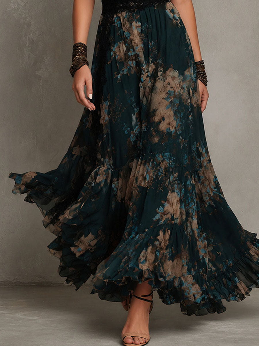 Vintage Dark Green Floral Lace-trimmed Chiffon maxi Dress