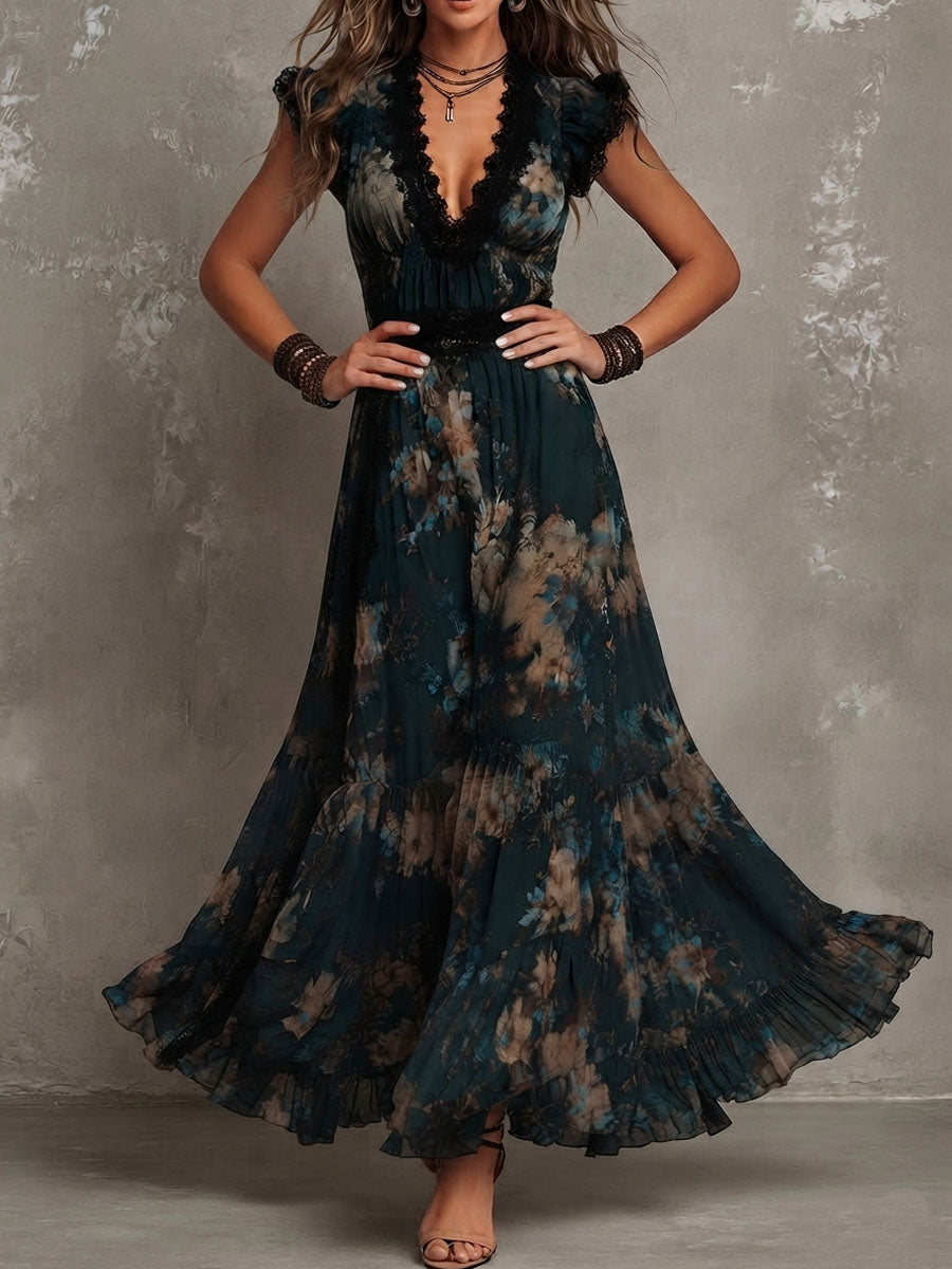 Vintage Dark Green Floral Lace-trimmed Chiffon maxi Dress