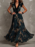 Vintage Dark Green Floral Lace-trimmed Chiffon maxi Dress