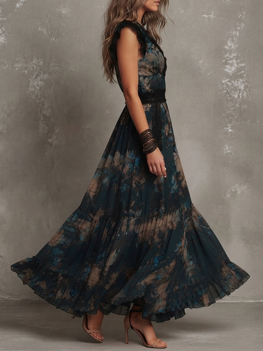 Vintage Dark Green Floral Lace-trimmed Chiffon maxi Dress