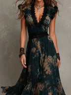 Vintage Dark Green Floral Lace-trimmed Chiffon maxi Dress
