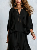 Black Chiffon Tassel Drawstring V-neck Top Paired With A Ruffled Layered Skirt Set
