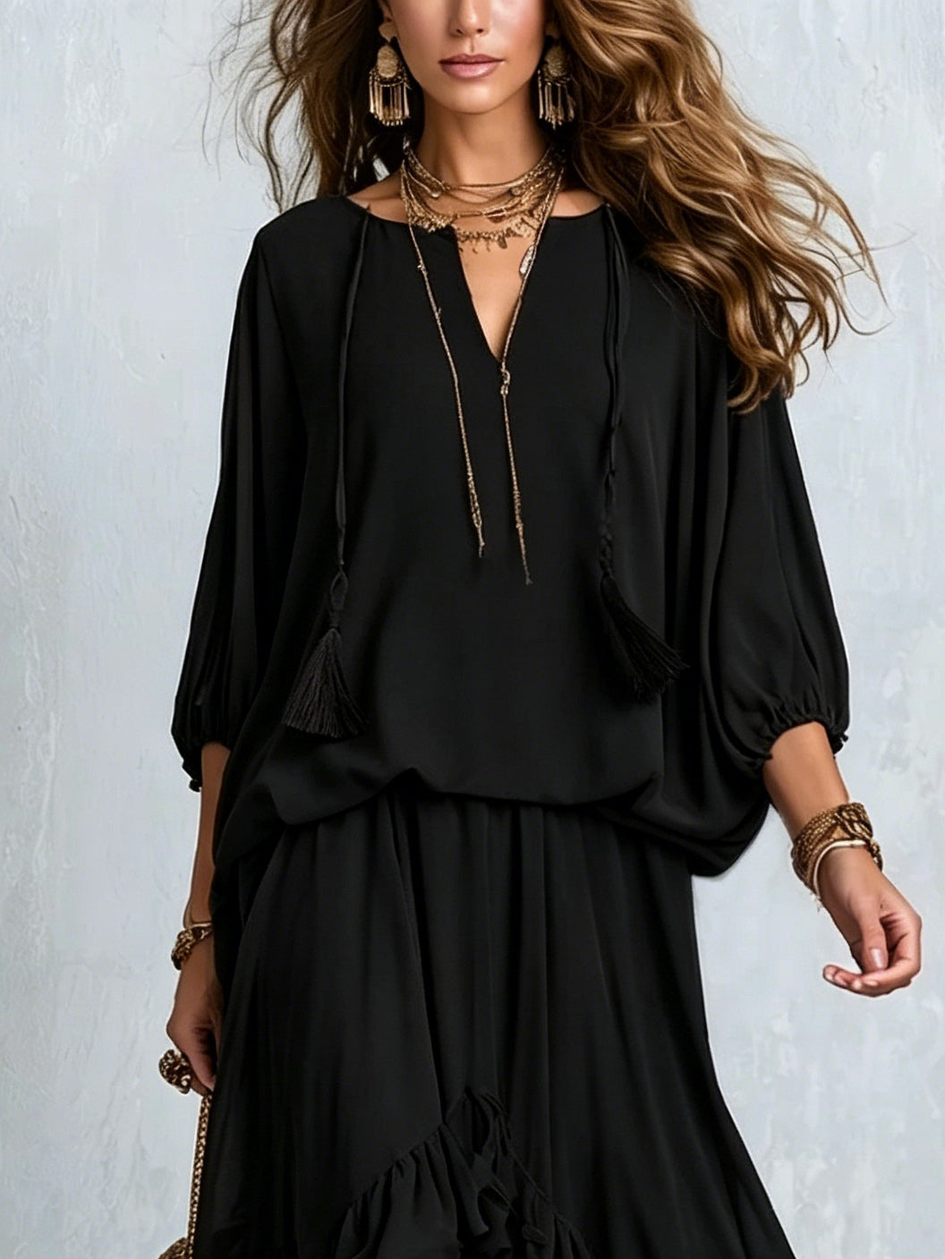 Black Chiffon Tassel Drawstring V-neck Top Paired With A Ruffled Layered Skirt Set