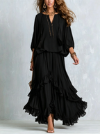 Black Chiffon Tassel Drawstring V-neck Top Paired With A Ruffled Layered Skirt Set