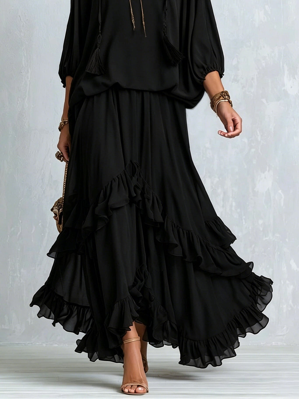Black Chiffon Tassel Drawstring V-neck Top Paired With A Ruffled Layered Skirt Set