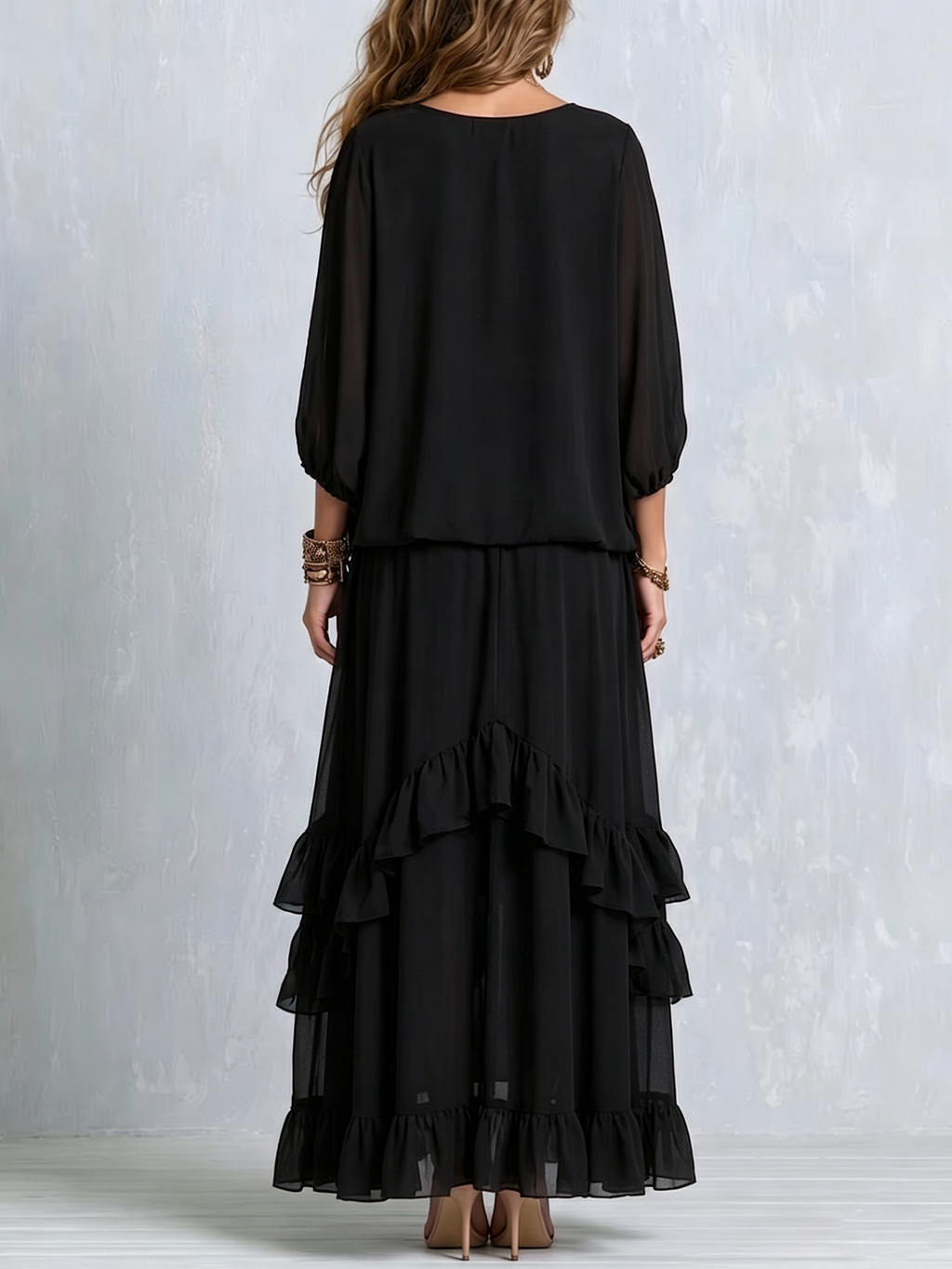 Black Chiffon Tassel Drawstring V-neck Top Paired With A Ruffled Layered Skirt Set