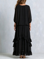 Black Chiffon Tassel Drawstring V-neck Top Paired With A Ruffled Layered Skirt Set