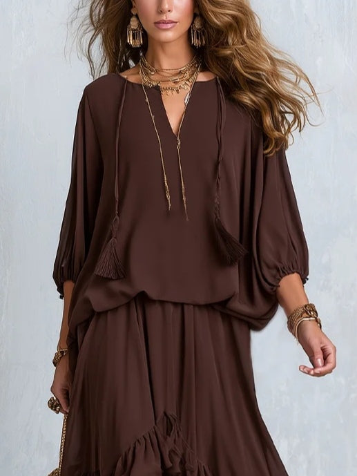Brown Chiffon Tassel Drawstring V-neck Top Paired With A Ruffled Layered Skirt Set