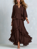 Brown Chiffon Tassel Drawstring V-neck Top Paired With A Ruffled Layered Skirt Set